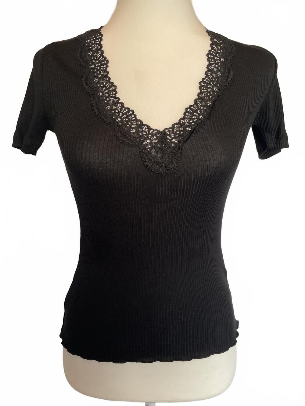 Madewell Black Lace Trim V-Neck Top XS New With Tags
